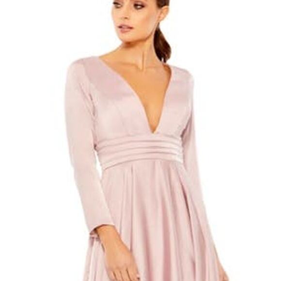 Mac Duggal Plunge Neck Satin A-Line Midi Dress Rose Style 67527 Rose Size 0 NWT - Picture 2 of 8